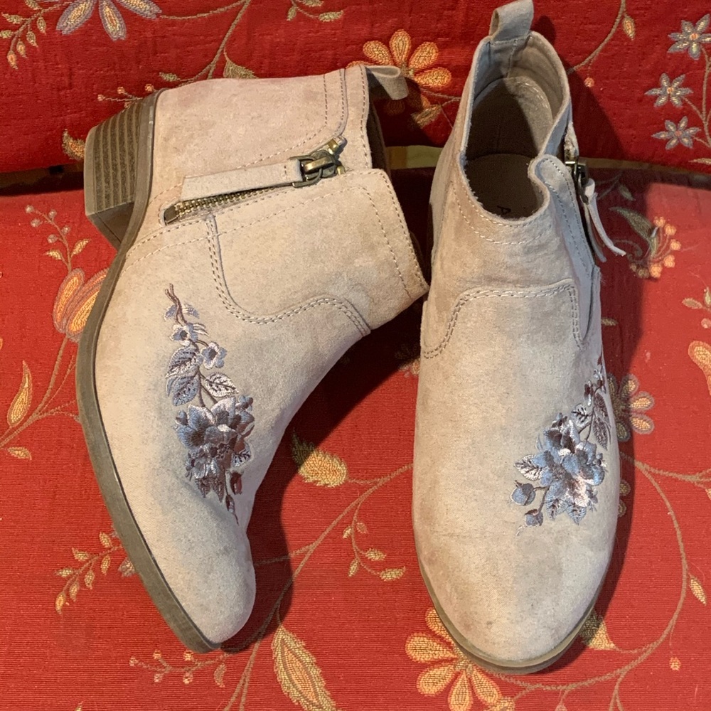 Tan Booties with Floral Embroidery Detail